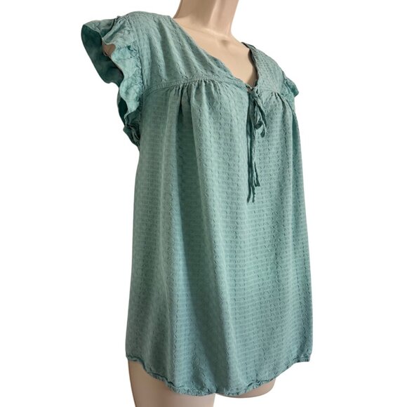 Lee Blouse Cap Ruffle Sleeve Tie Neck Size 2X Teal Green Texture Blouse Tank EUC - Picture 3 of 6